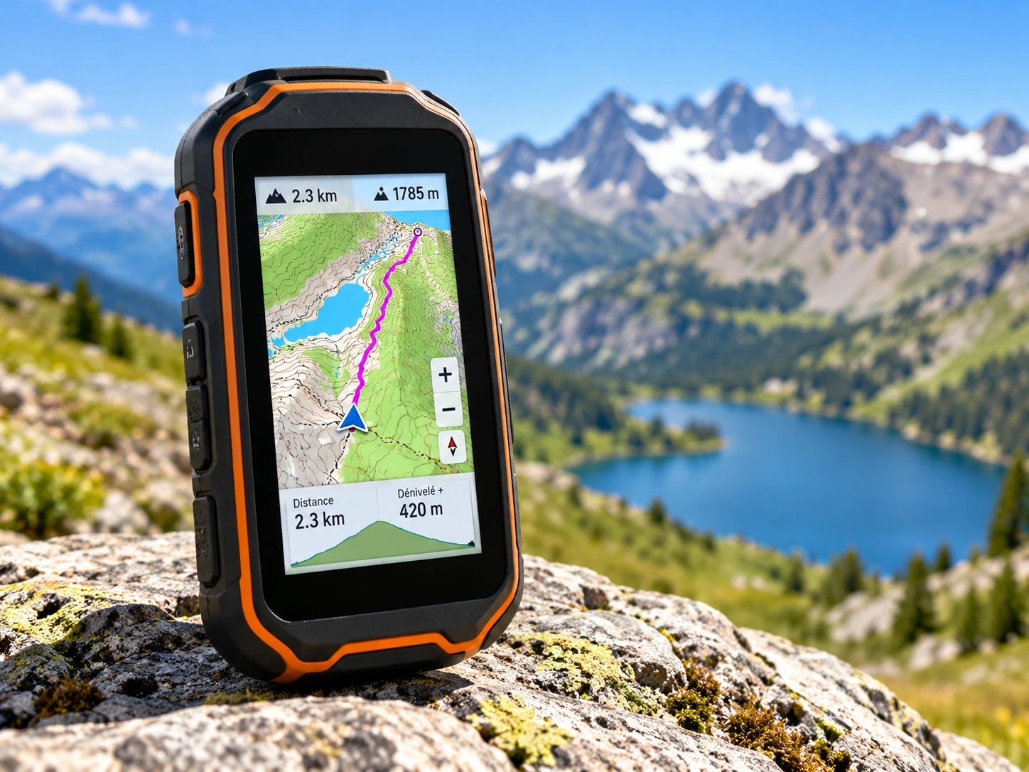 GPS de randonnée affichant une carte en montagne