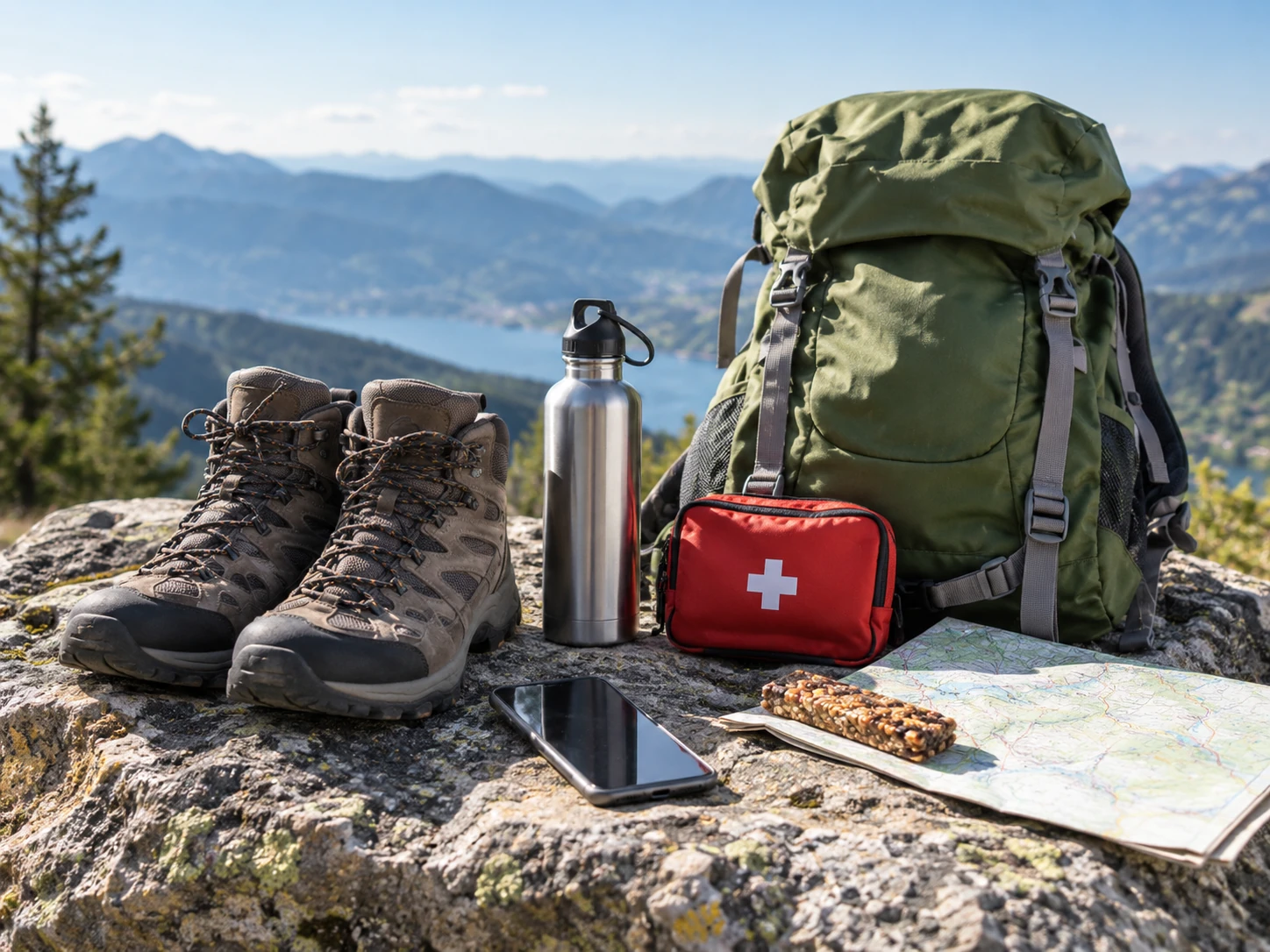 Équipement indispensable pour une randonnée avec chaussures sac eau téléphone et trousse de secours