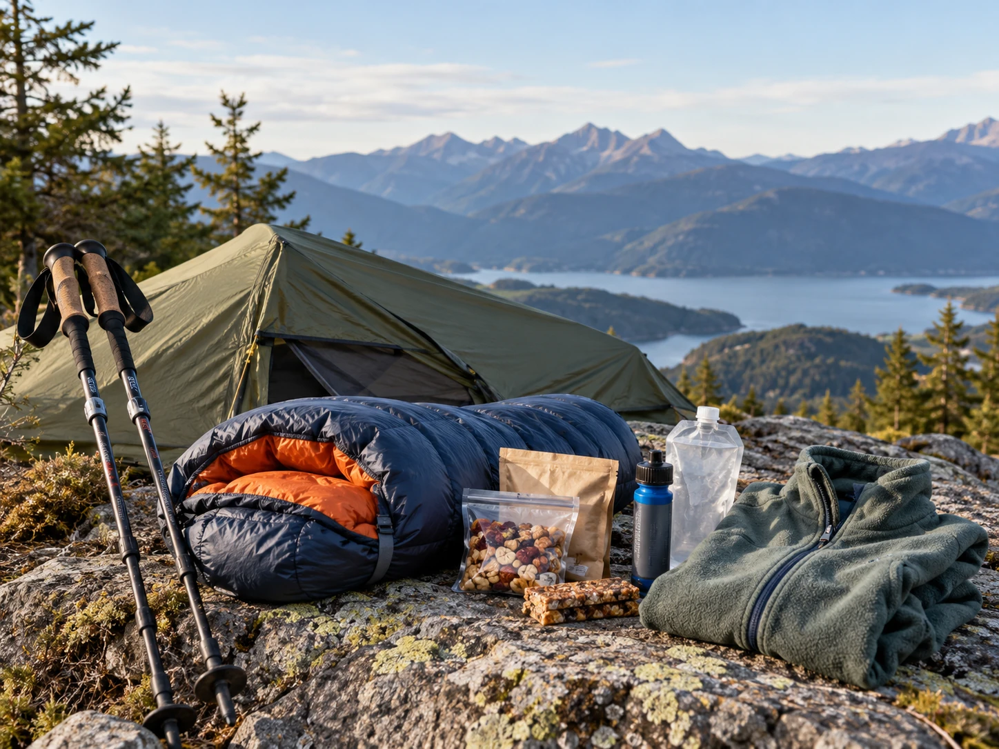 Équipement complémentaire de randonnée avec bivouac bâtons couchage et réserve