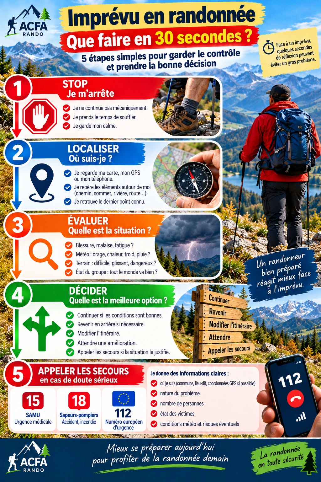 Infographie express ACFA : que faire en 30 secondes face à un imprévu en randonnée, s’arrêter, se localiser, évaluer, décider et appeler les secours