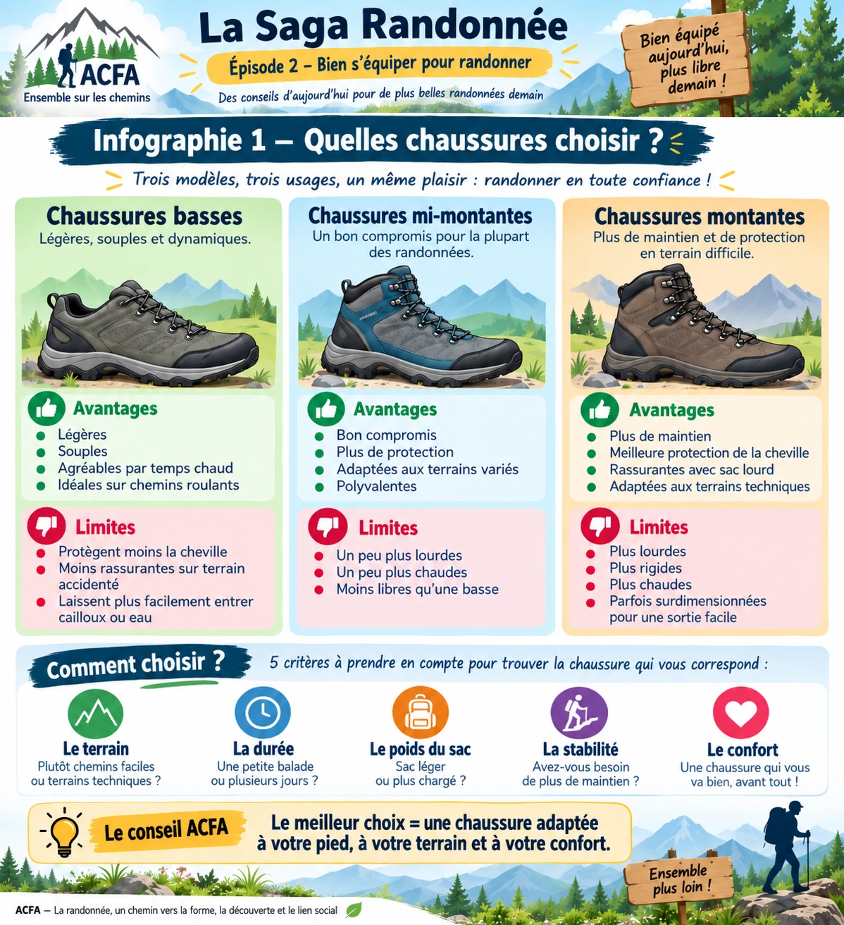 Comparaison des chaussures de randonnée basses mi-montantes et montantes avec avantages limites et usages