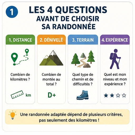 Infographie ACFA pour choisir une randonnée adaptée selon la distance, le dénivelé, le terrain et l’expérience du randonneur