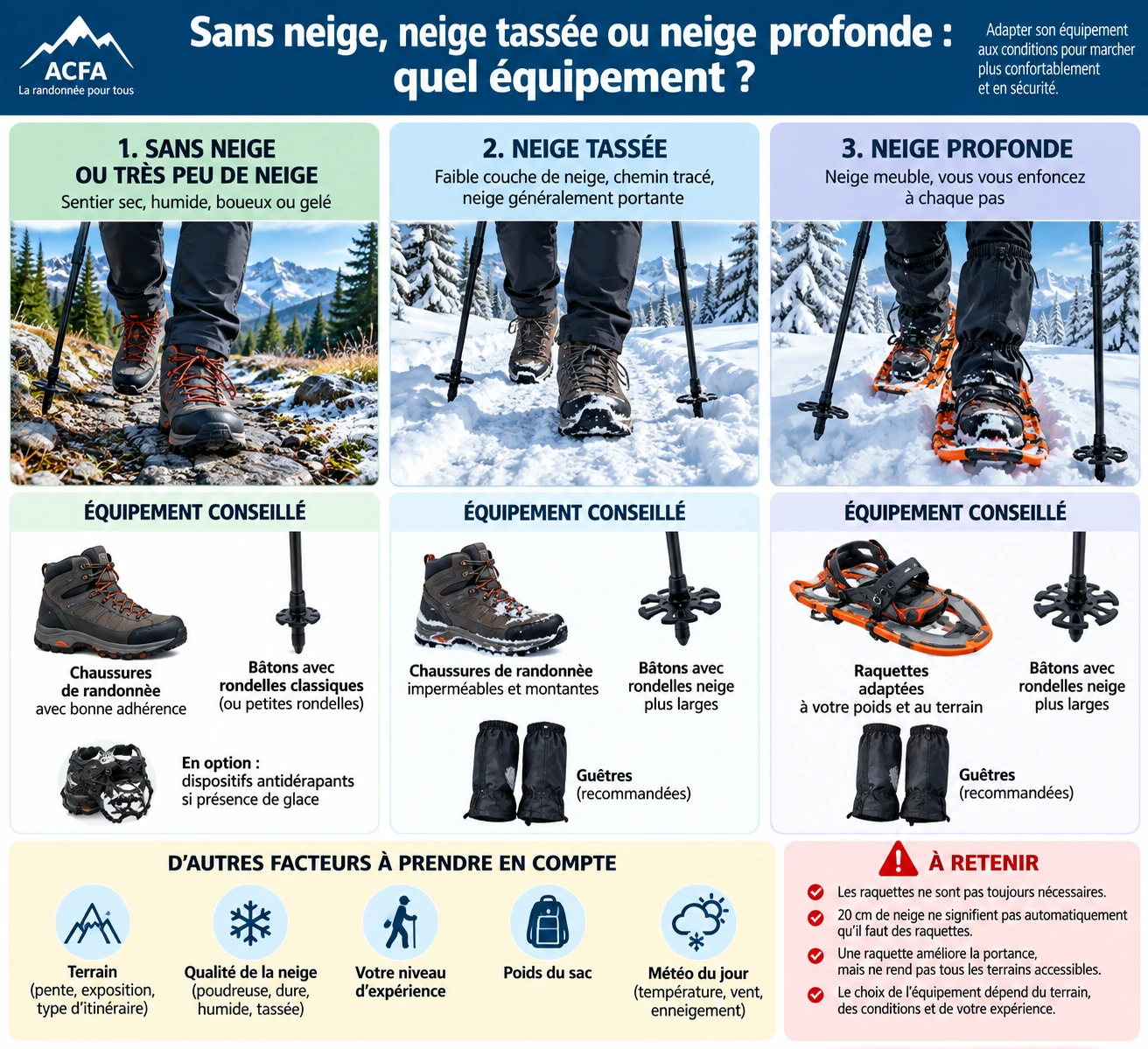 Randonnée hivernale : équipement selon absence de neige, neige tassée ou neige profonde