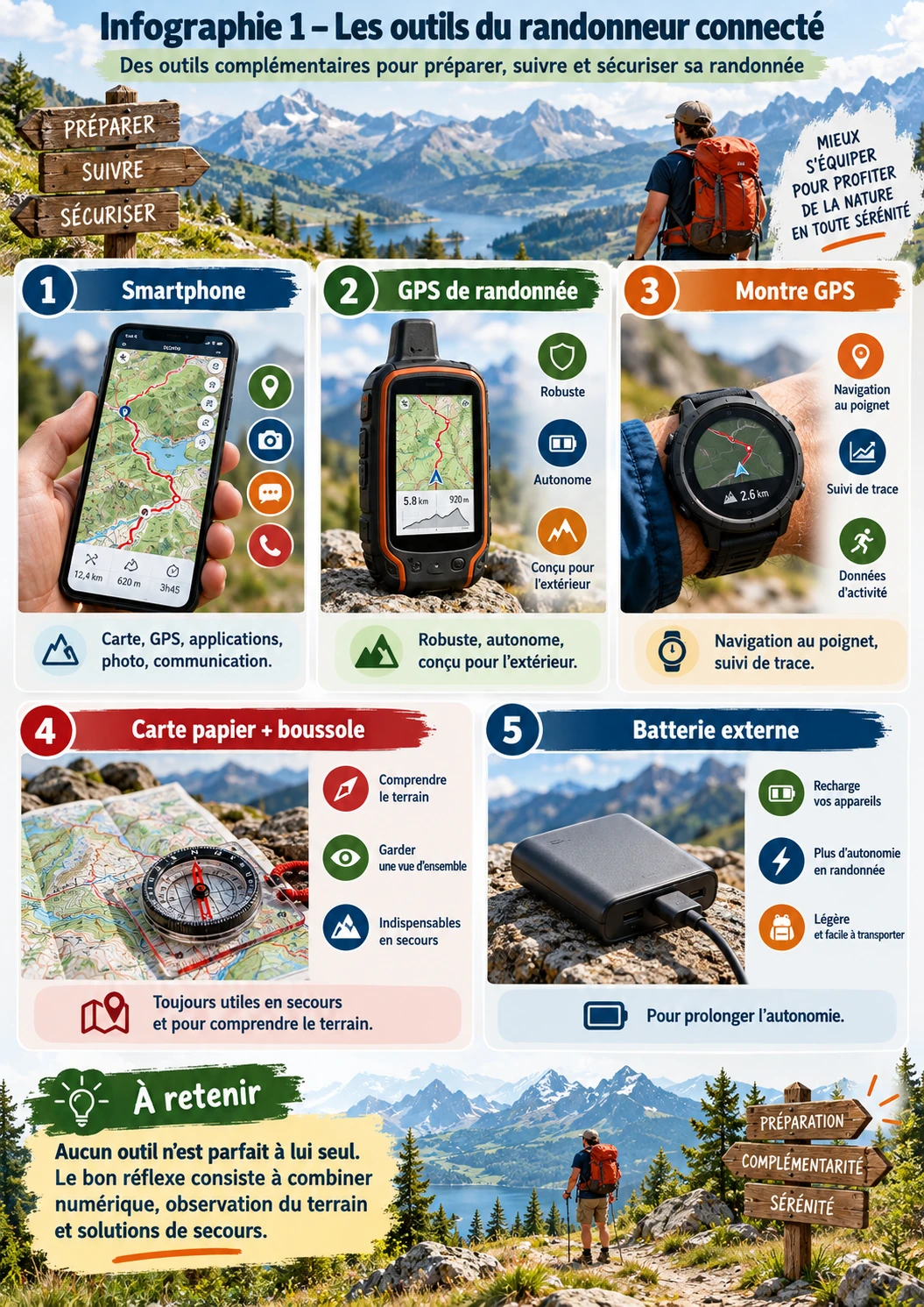Infographie ACFA présentant les principaux outils du randonneur connecté : smartphone, GPS, montre, carte, boussole et batterie externe