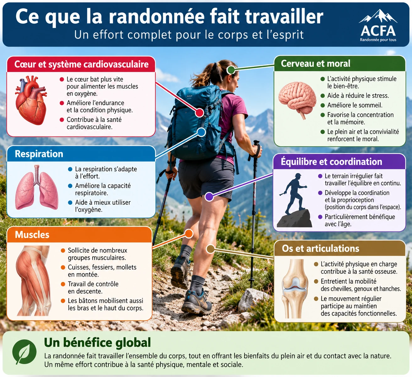 Infographie randonnée et santé : effets sur le cœur, la respiration, les muscles, les os, l'équilibre et le bien-être