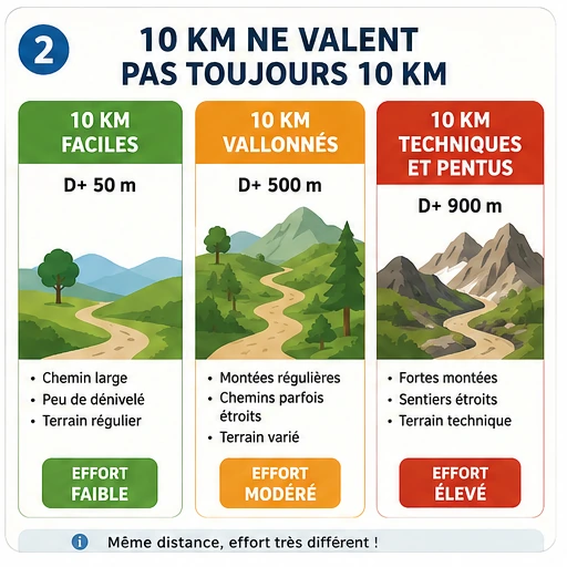Infographie montrant que 10 km de randonnée peuvent être faciles, vallonnés ou techniques selon le dénivelé et le terrain