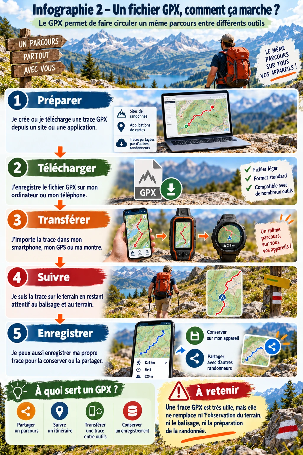 Infographie ACFA expliquant comment préparer, télécharger, transférer et utiliser un fichier GPX en randonnée