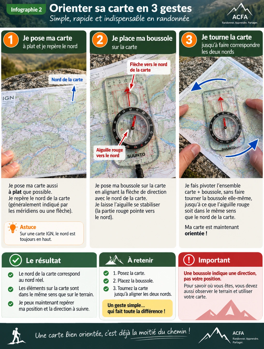 Orienter une carte avec une boussole en randonnée en trois gestes