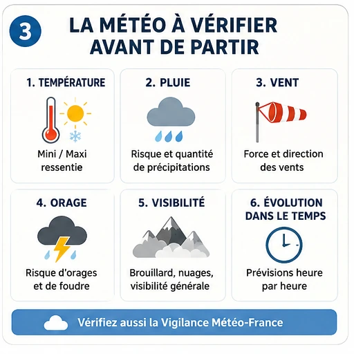 Infographie ACFA des éléments météo à vérifier avant une randonnée : température, pluie, vent, orage, visibilité et évolution horaire