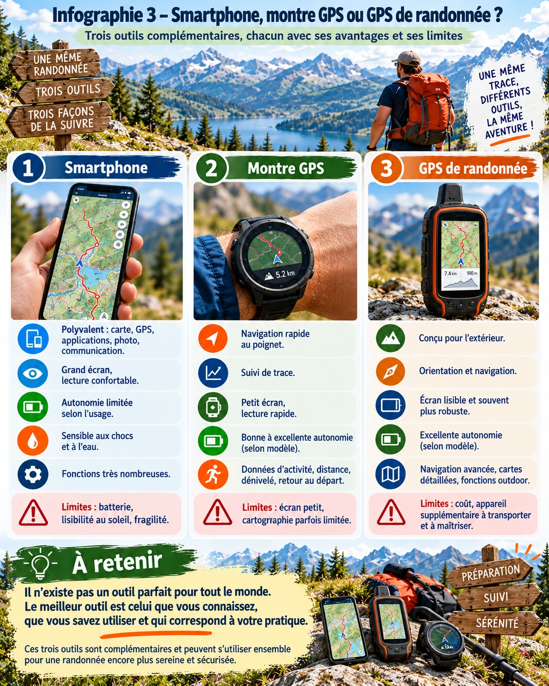 Infographie ACFA comparant smartphone, montre GPS et GPS de randonnée
