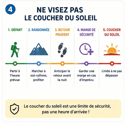 Infographie ACFA expliquant comment prévoir une marge de sécurité avant le coucher du soleil lors d’une randonnée