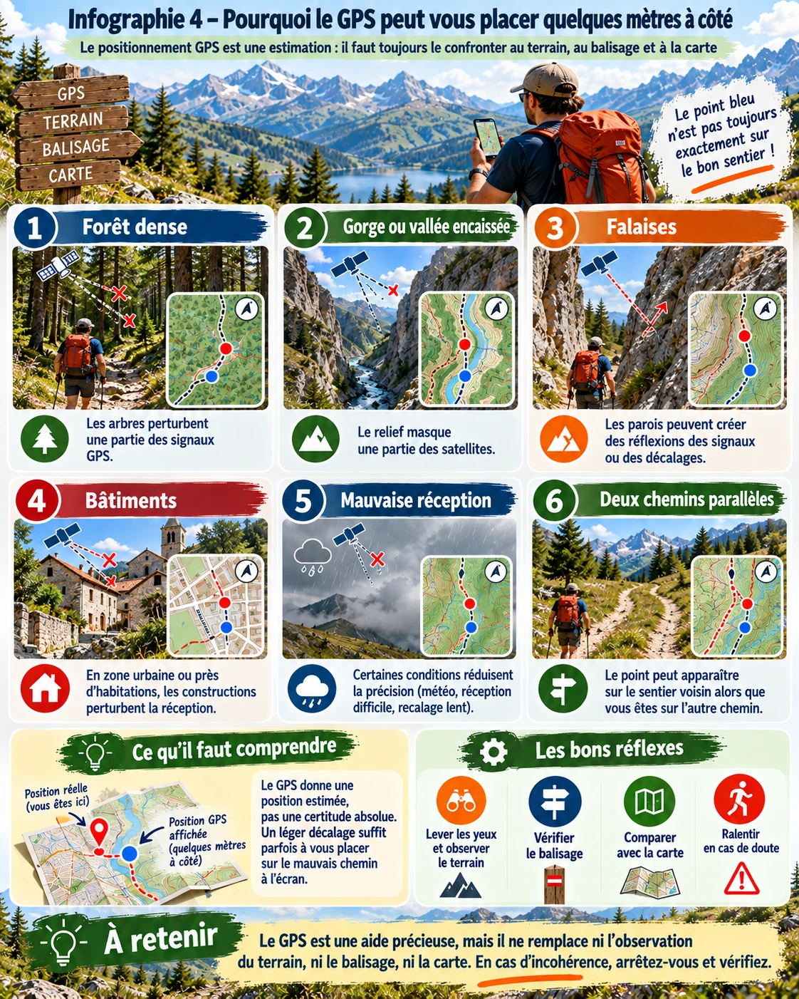 Infographie ACFA expliquant pourquoi un GPS peut placer le randonneur quelques mètres à côté de sa position réelle