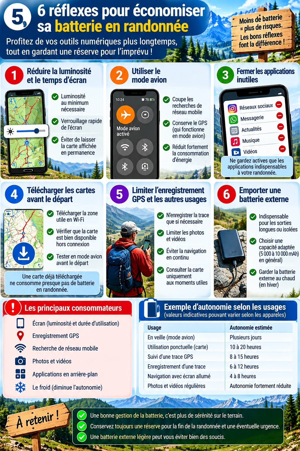 Infographie ACFA présentant six réflexes pour économiser la batterie en randonnée