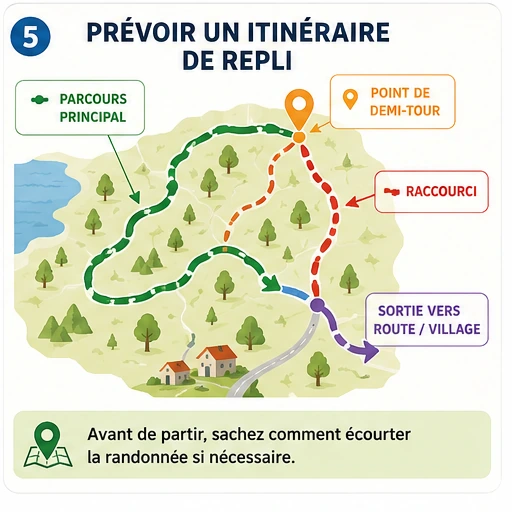 Infographie ACFA montrant comment prévoir un itinéraire de repli, un raccourci, un demi-tour ou une sortie vers une route ou un village