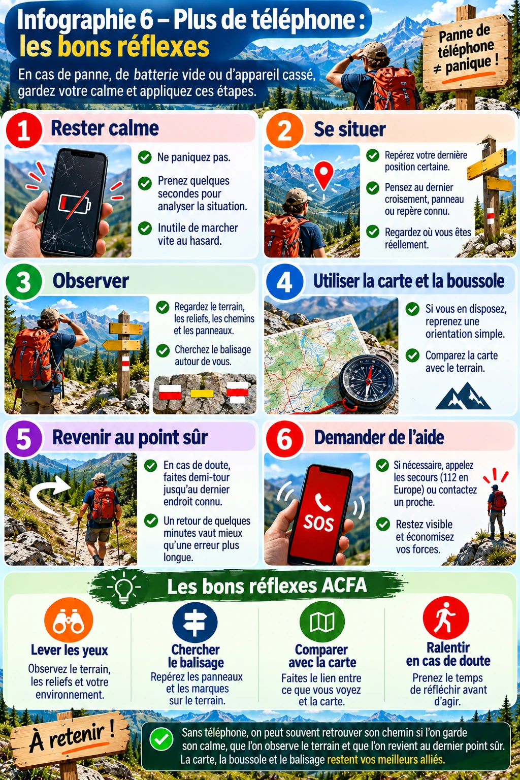 Infographie ACFA expliquant les bons réflexes lorsque le téléphone tombe en panne pendant une randonnée