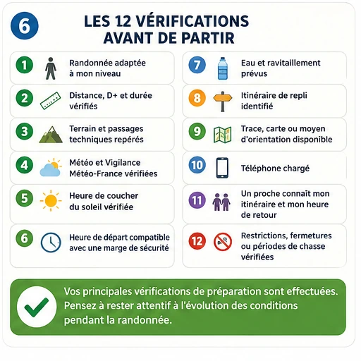 Infographie ACFA des 12 vérifications à effectuer avant de partir en randonnée