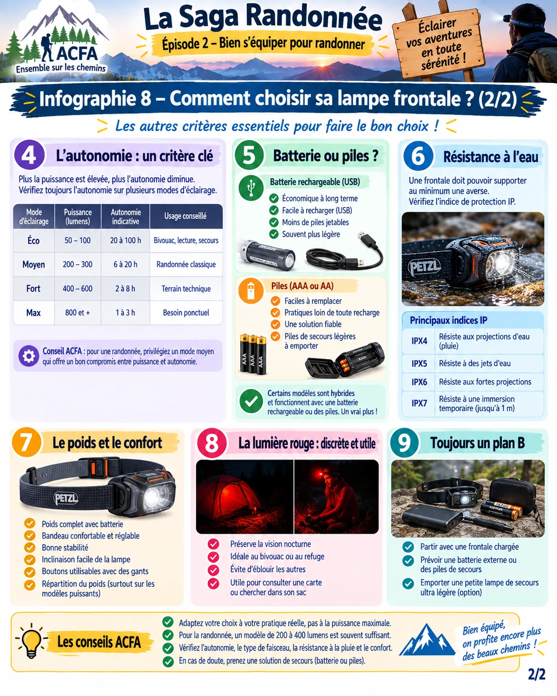 Infographie ACFA choisir une lampe frontale partie 2 autonomie batterie résistance à l'eau confort et secours