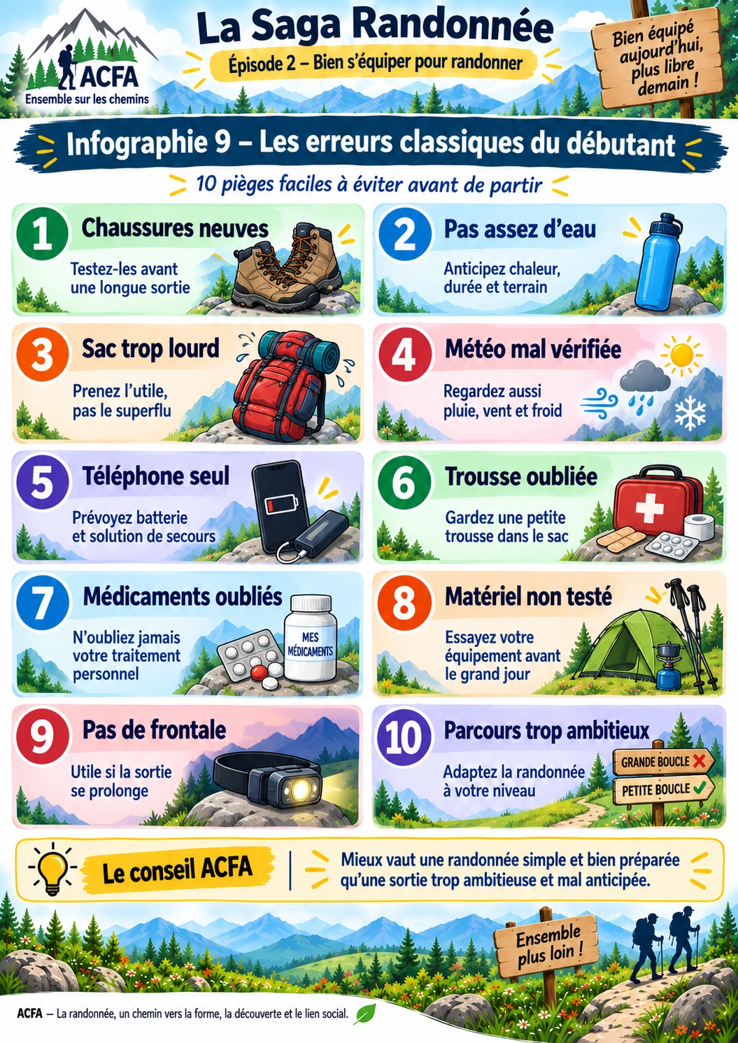 Infographie ACFA présentant les dix erreurs classiques du randonneur débutant à éviter avant de partir