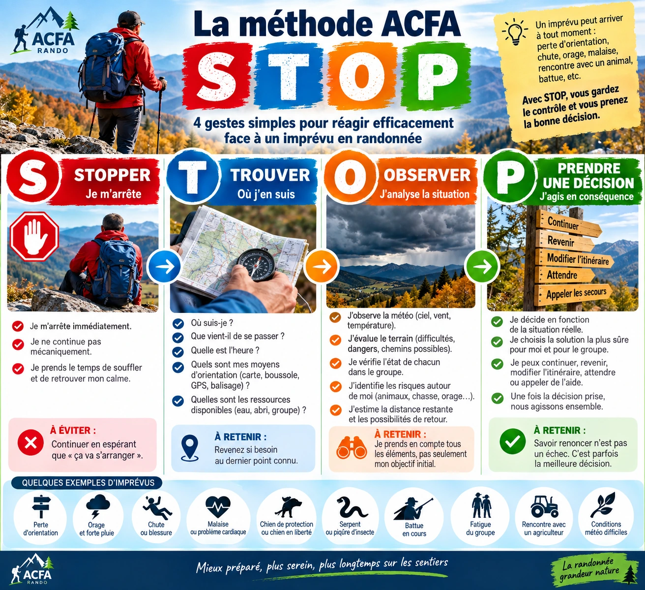 Infographie ACFA : méthode STOP en randonnée, Stopper, Trouver, Observer et Prendre une décision face à un imprévu