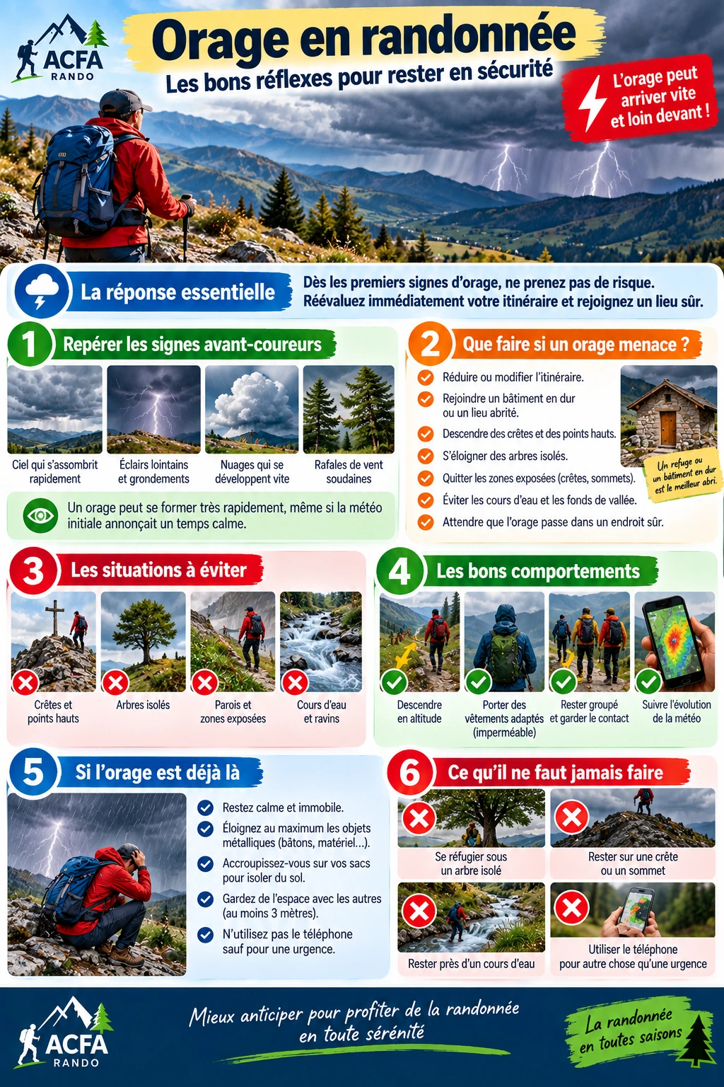 Infographie ACFA sur les bons réflexes en cas d’orage pendant une randonnée