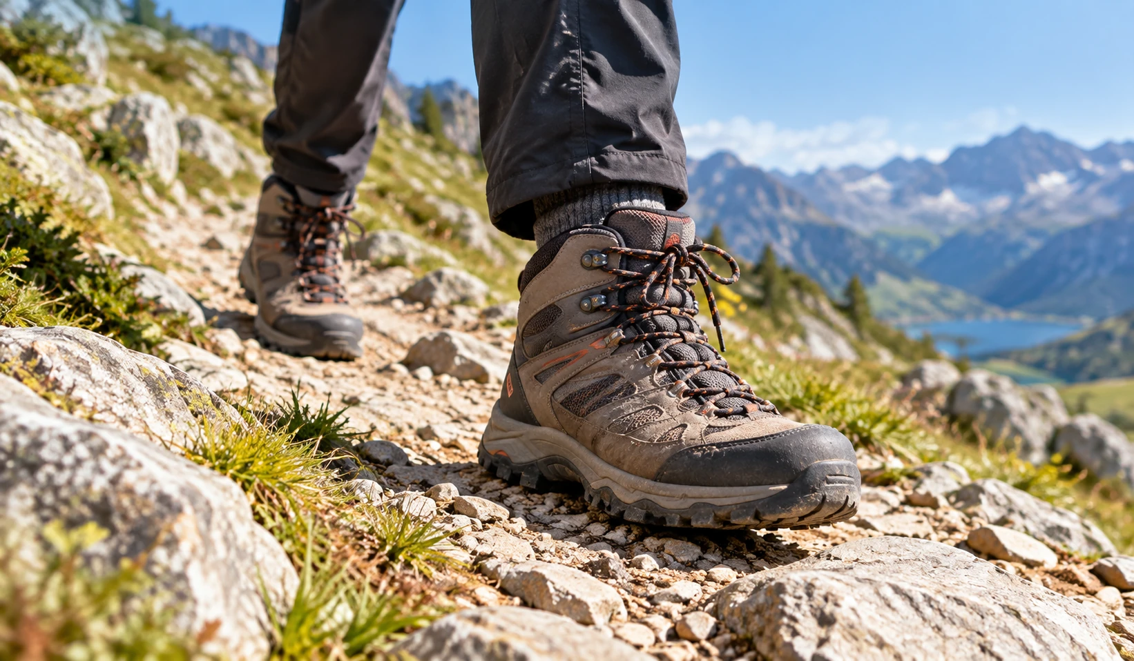 Chaussures de randonnée sur un sentier de montagne