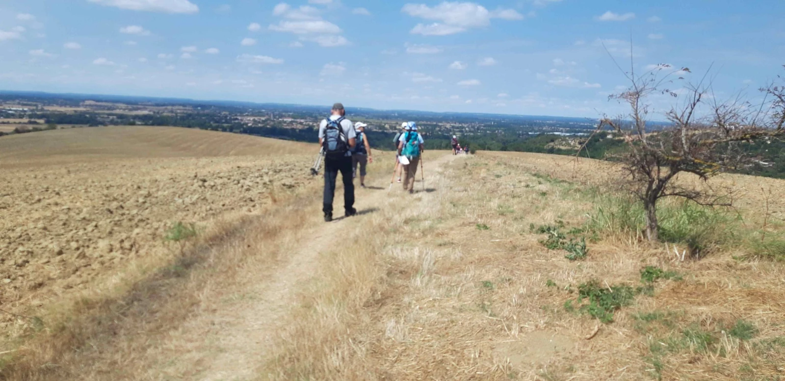 Groupe de randonneurs ACFA avançant ensemble sur un sentier en terrain découvert