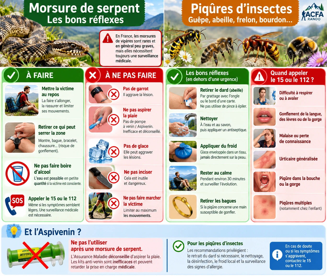 Infographie ACFA sur les bons réflexes en cas de morsure de serpent ou de piqûre d’insecte en randonnée