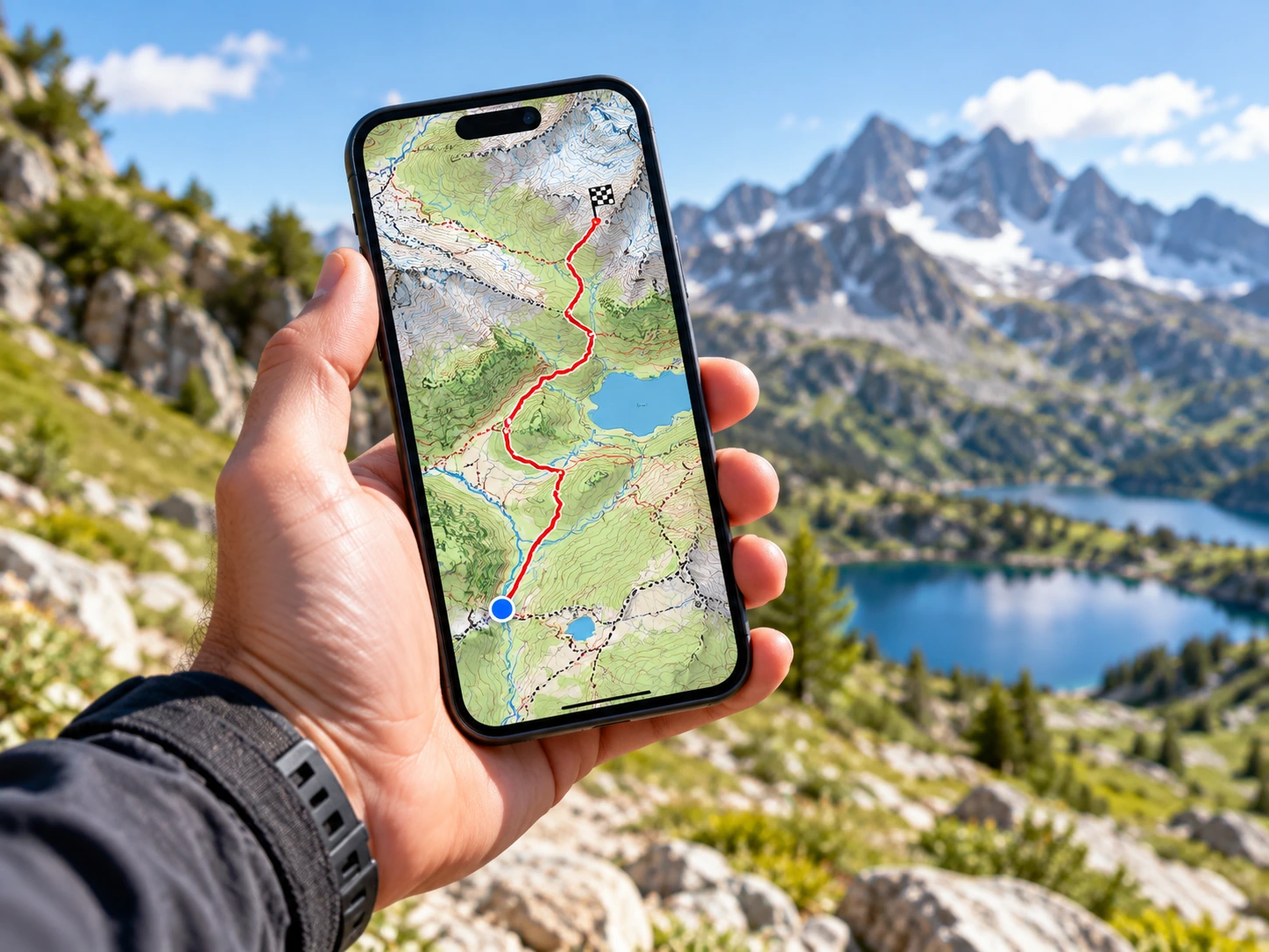 Smartphone affichant une carte topographique en randonnée