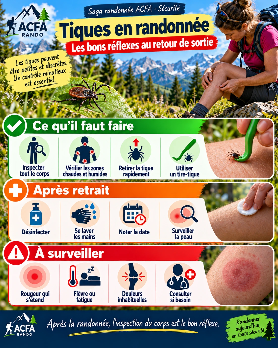Infographie ACFA : prévention, retrait et surveillance des tiques en randonnée